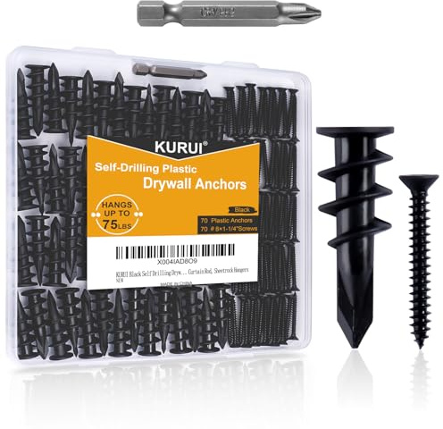 KURUI 140PCs Black Self Drilling Drywall Anchors, #8 Dry Wall Anchors and Flat Head Screws Kit, 70 Anchors + 70 Screws, 75LB Heavy Duty Hanging for Picture Frames Wall Decor Art, Sheetrock Hangers