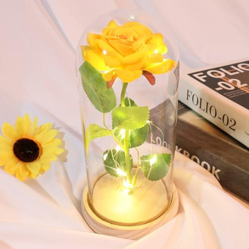 DEEMEI Christmas Rose Gifts for Women Eternal Rose Flowers Birthday Gifts for Women Mum Wife Girlfriend Galaxy Crystal Rose Flower Gifts Light Up Rose in a Glass Dome for Christmas Anniversary,Yellow
