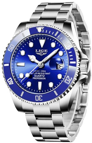 LIGE Reloj Hombre, Cronógrafo Relojes Hombre, Correa de Acero, Función de Calendario, Manecillas Luminosas, Resistente al Agua 3ATM, Estilo Casual de Lujo para Negocios, Azul