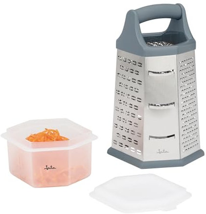 JATA HOGAR HRAL3269 - Rallador de Queso y Verduras Hexagonal Manual con 6 Caras y Contenedor para Alimentos. De Acero Inox. Rallado grueso, fino, raspador, laminador y corte juliana