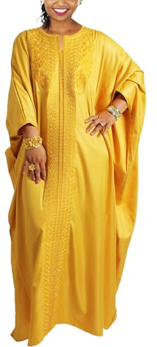 TIDOIRSA Loose African Dresses for Women,Hot Drilling Full Gown Embroidery Maxi Dress (Gold, One Size)