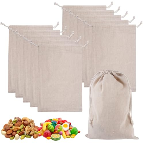 10 stycken små bomullspåsar, 20 × 30 cm bomullspåsar | påsar att fylla med dragband, små tygpåsar, bomullspåsar för frukt, grönsaker, kaféer, kryddor, nötter och sötsaker