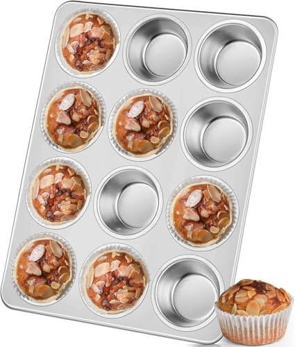 mofenmian Molde para magdalenas de 12 tazas, bandeja de acero inoxidable no tóxico para hornear, mini molde de metal para magdalenas, apto para lavavajillas y horno