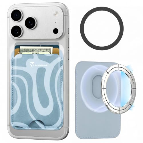 Techmade iPhone-kompatibelt kortfodral, inkluderat adapterring, utrymme för 3 kort eller kontanter, snabb extraktionssystem, RFID-blockering, i veganskt läder, Avslappnad