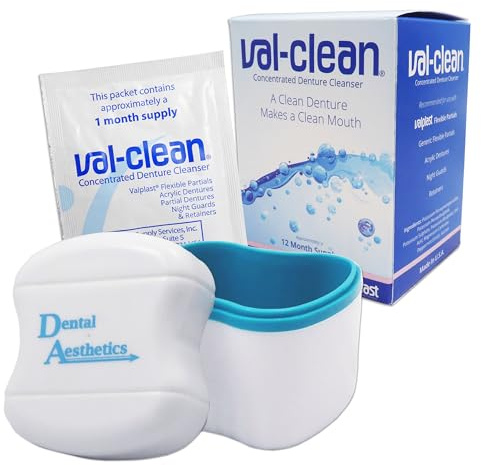 Val-Clean Sachets & Denture Bath - 12 Sachets 1 Years Supply Valplast Flexible Denture Cleaner (Blue)