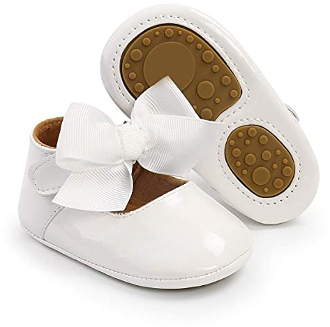 Babelvit Baby Girls Premium Bowknot Mary Jane Flats Wedding Princess Dress Baptism Shoes Rubber Sole PU Leather Infant Toddler First Walking Moccasins Crib Shoes