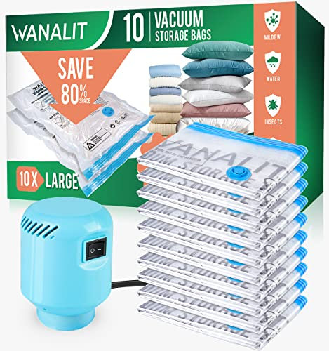 WANALIT Vacuum Storage Bags with Electric Pump, 10 Pack Large Size（32x 22） Reusable Compression Space Saving Bag for Clothes, Bedding, Mattress, Blankets, Pillows, Comforters, Travel, White