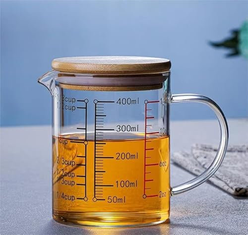 Uadme Glass Mixing Cup, Glass Measuring Cup Borosilicate Graduated Glass Mug with Airtight Lid ＆Handle Pour Spout Clear Scale Mixing Beaker for Cooking Baking Measuring(400ml)