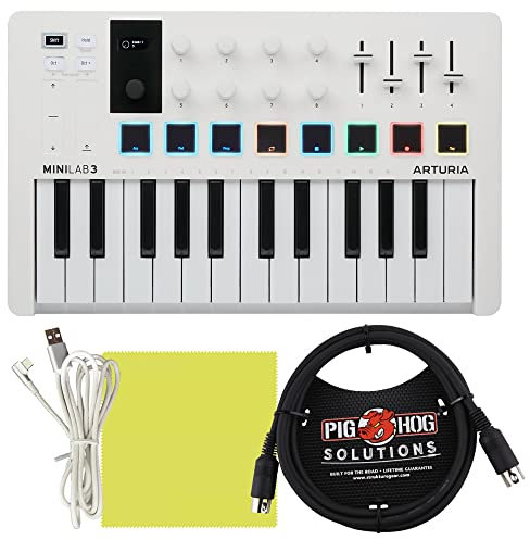 Arturia MiniLab 3 Portable MIDI Keyboard Controller with Pig Hog MIDI Cable & Polishing Cloth - 25 Key MIDI Controller, White Mini Keyboard for Recording Studio, Music Equipment with Software Included