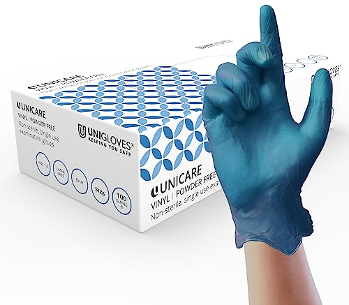 UNIGLOVES Unicare GS0085-A Gants d'examen en vinyle de qualité médicale EN455, poids moyen, boîte de 100 gants, bleu, taille XL