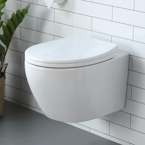 HOROW Wand WC Keramik Hänge WC Set Toiletten mit abnehmbaren Deckel sitz mit Absenkautomatik Hängetoilette, D-Form, kompakte Design Toilette Gästebad, 52 cm