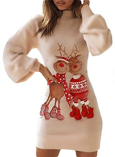 Minetom Robe De Noël Femme Pull Tricoté Col V Lanterne Manche Longue À Col Haut Imprimé De Noël Soirée