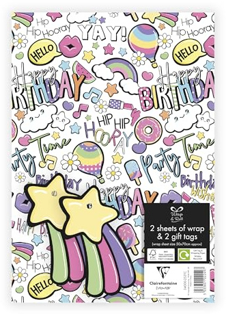 Eurowrap Girls Happy Birthday Print Gift Wrap Paper Birthday Girl Gift Wrap Occassions 2 Sheets & 2 Gift Tags 50cm x 70cm