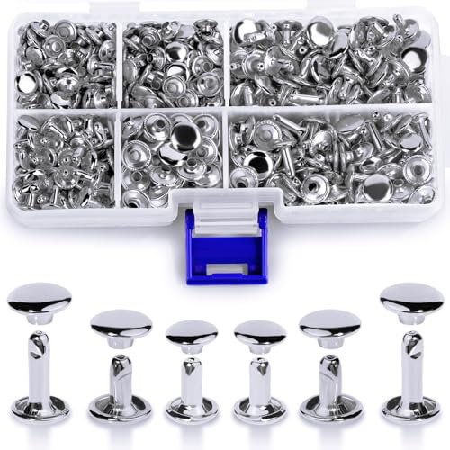 300 Sets Ledernieten, 3 Größen Ledernieten mit doppelter runder Kappe, röhrenförmige Metallnieten für Lederhandwerksreparaturen und Dekorationen (Silber)