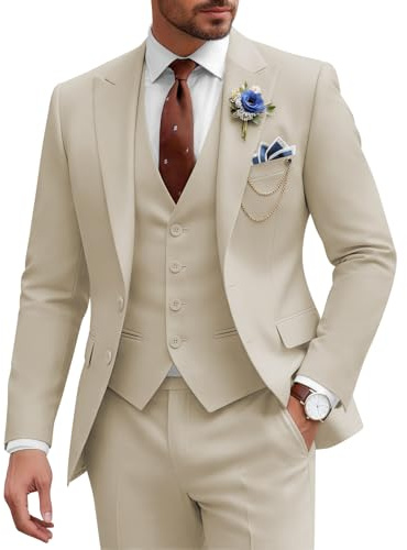 SPTALLFITJSV Beige Suits for Men Regular Fit Beige Pant Suit Set for Wedding Groomsmen Suits for Wedding Peak Lapel Homecoming Outfits for Men Fashion 2025 L