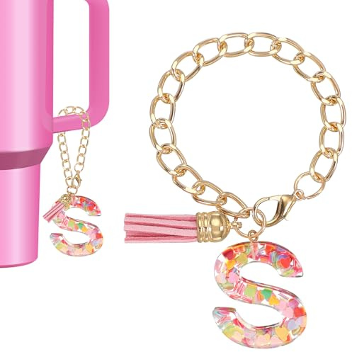 PATIKIL Bokstavsberlock för Stanley Cup, söt initial S berlock tillbehör för Stanley tumbler handtag nyckelring personlig charm för kvinnor, rosa