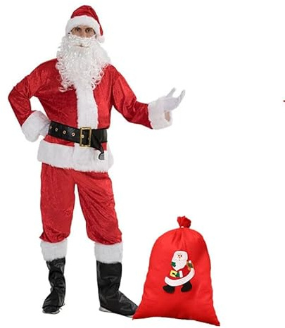 TZPAUG Costume de Père Noël 7 Pièces - Déguisement Complet Adulte Avec Barbe, Bonnet, Ceinture, Sac et Bottes