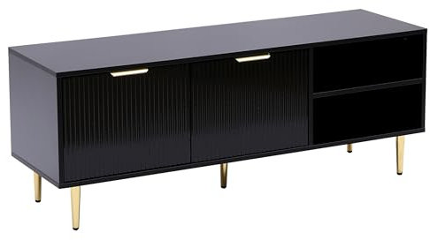 MMT TV Stand Cabinet with Fluted Ribbed Gloss Doors and Legs, 130cm TV Unit for Up to 65-Inch TVs, Available in White or Black (Black)