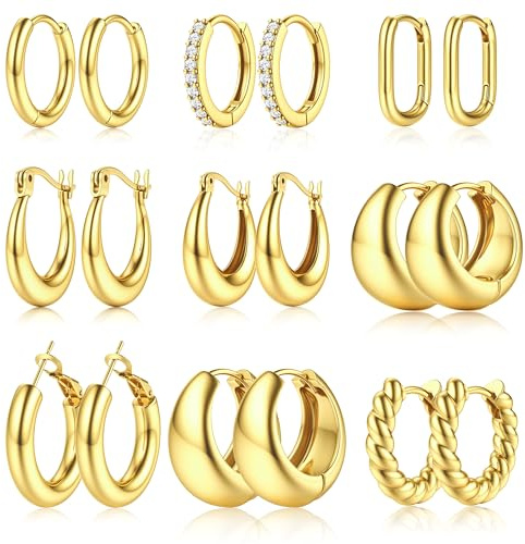 JeweBella 9 Pares Pendientes de Aro Oro Gruesos para Mujer Niña Chapado en Oro de 14K Hipoalergénicos Pendientes Aro Gruesos Abiertos Trenzados Dorados Conjunto de Joyería Regalos