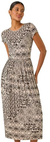 Roman Midi Dress with Pockets for Women UK Ladies Stretchy Jersey Maxi Long Short Sleeve Elasticated Gathered High Waist Boho Flattering Skater Swing Fit Flare - Abstract Black - Size 16