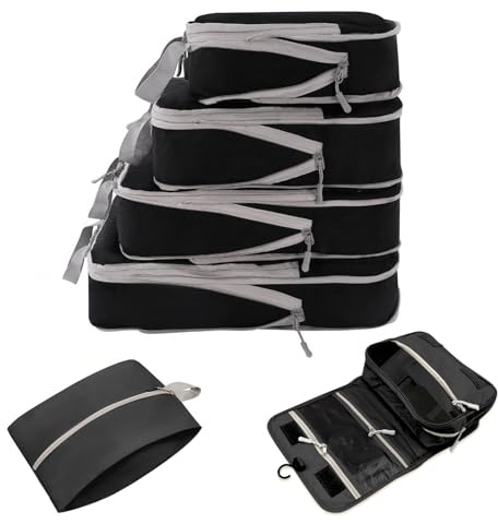 Tking Set di 6 borse da viaggio con compressione, organizer essenziali per valigie, borse per vestiti impermeabili, cubi di imballaggio con tasca per cosmetici, borsa per scarpe, resistente allo