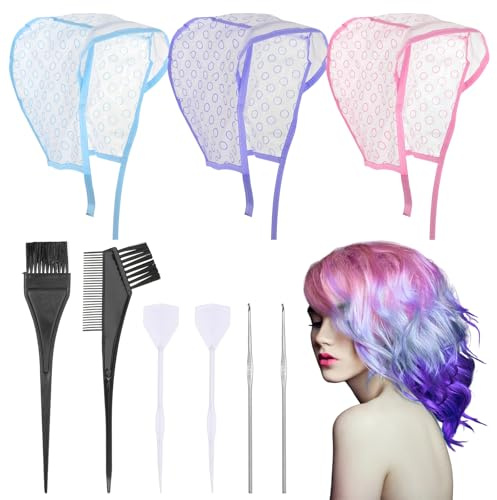 LIQWEI 3 Pcs Hair Highlighting Caps, Hair Coloring Frosting Dye Kit with Crochet Hook for Salon DIY Hair Dyeing