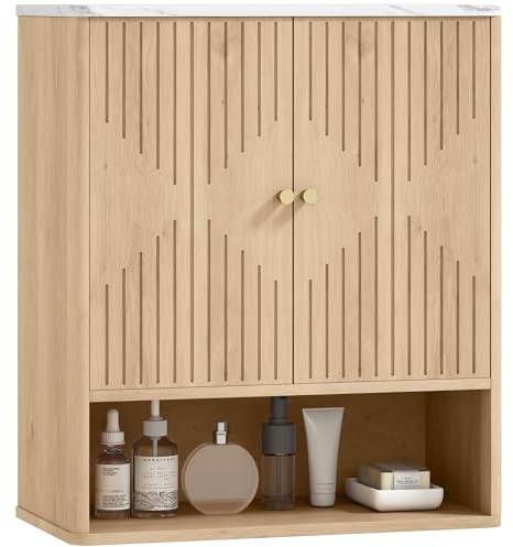 HOMCOM Bathroom Cabinet Wall Mounted, Modern Bathroom Wall Cabinet with Adjustable Shelf, Open Shelf and Marble Effect Top, Oak