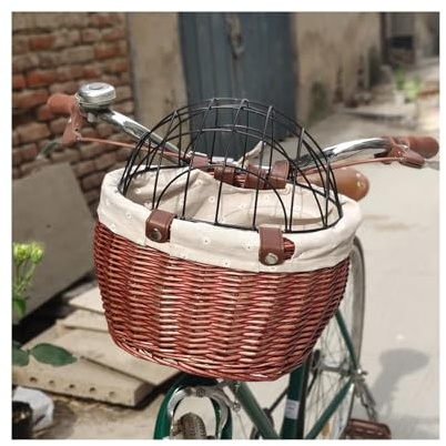 Bicycle Front Wicker Woven Basket Pets Cat Dog Bike Basket Handlebars Pannier Cycling Carrier Bag with Lid Bike Storage Basket
