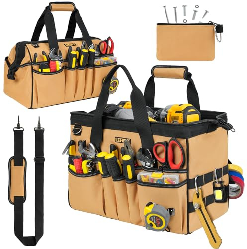 Sacoche Outils,Sac Outils Vide,38 cm Ouverture Robuste Sac à Outils,38 Poches Organiseur de Rangement,étui de Transport pour Papa,Homme,Mécanicien,électricien,Jardinage,Marron(Sac Uniquement)
