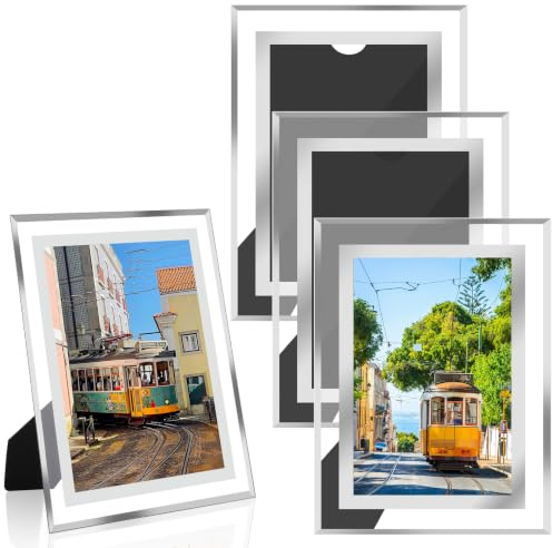 YOUNTHYE 4Pack Picture Frames 8x6, Glass Photo Frames Silver Mirrored Glass Frame Picture Frame for Tabletop Display Horizontally or Vertically, Home School Office Decoration