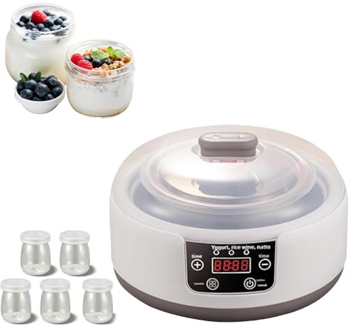Adtzpc 1 200 ml multifunktionell elektrisk yoghurtmaskin med innerbehållare i rostfritt stål och 5 burkar, justerbar tidskontroll och konstant temperatur, för att förbereda friska och hälsosamma