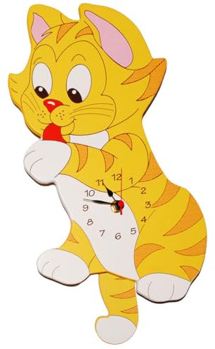 alles-meine.de GmbH Wanduhr - Uhr aus Holz - süße Katze leckt ihre Pfote - 38 cm groß - sehr leise ! - Pendel abnehmbar - für Kinderzimmer & Wohnzimmer - Holzuhr - Tiermotiv ..
