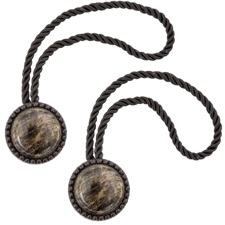 Kenney - Magnetic Tiebacks, Decorative Rope Design with Round Faux-Marble Accents for Curtains and Drapes, No Tools Required, Brown Marble, 2-Pack