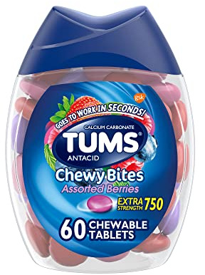 TUMS Chewy Bites Antacid Tablets for Chewable Heartburn Relief and Acid Indigestion Relief, Assorted Berries - 60 Count