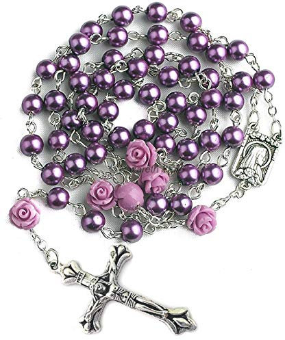 Nazareth Store Katholische Lila Perle Perlen Rosenkranz Halskette 6pcs Unsere Rose Lourdes Medaille & Kreuz NS