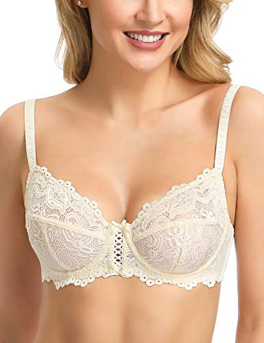 WingsLove Women's Bra Full Coverage Non-Padded Soft Cup Floral Lace Underwire Bras Nude 38G