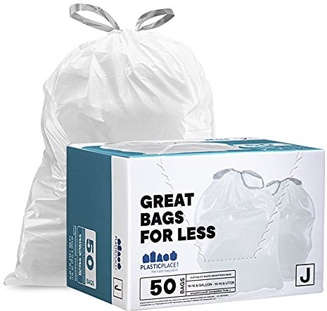 Plasticplace Sacs poubelle sur mesure, compatibles avec simplehuman Code J (50 pièces), sacs poubelle blancs avec cordon de serrage, 38 à 40 litres, 53,3 x 71,1 cm