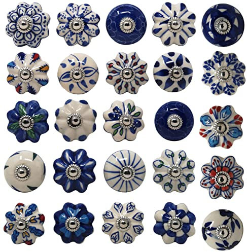 Ajuny Lot de 25 Boutons Décoratifs en Céramique Bleu Colorés pour Armoires de Cuisine Placards de Salle de Bain de Commode de Tiroir de Coffre Faits à la Main