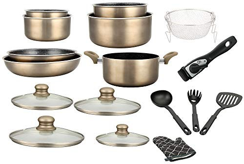 Herzberg - Batterie de Cuisine - Set de Casseroles et Poêles Induction 17 Éléments - Aluminium Forgé avec Revêtement Marbre - Poignée Amovible - Anti-Adhésif - Tous Feux - Gant Inclus - Cuivre