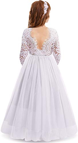 IWEMEK Ciglia Backless V-Back Pizzo Tulle Maxi Abito Manica Lunga Ragazza Matrimonio Onore Abiti da Prom Ceremonie Prima Comunione Festa Compleanno Abiti per Bambini, bianco, 2-3 Anni