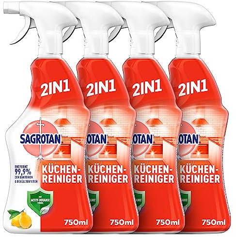 Sagrotan Küchen-Allzweck-Reiniger Spritzige Zitrone – 2in1 Desinfektionsreiniger für die zuverlässige Reinigung von Küchenoberflächen – 4 x 750 ml Sprühflasche