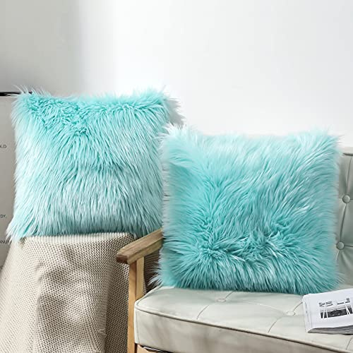 OYIMUA Soft Faux Fur Cushion Covers 50x50cm Turquoise Set of 2 for Sofa Bed | Fluffy Decorative Pillow Covers 20x20 for Living Rooms,Bedrooms,Offices,Machine Washable,Hidden Zipper,Fade-Resistant