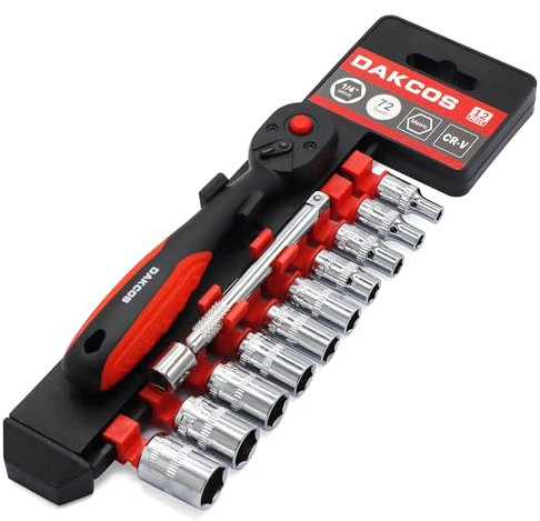 DAKCOS 1/4 Juego de Llaves de Carraca de 72 Dientes con 10 PC Llave de Vaso 4-13mm y 1 Barra de Extensión de 100 mm