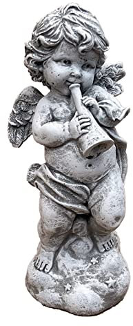 stoneandstyle Statuette en pierre représentant un Ange avec une trompette - Résistante au gel et aux intempéries jusqu'à -30°C - Blanc - Baroque - Fabriquée à la main en Allemagne