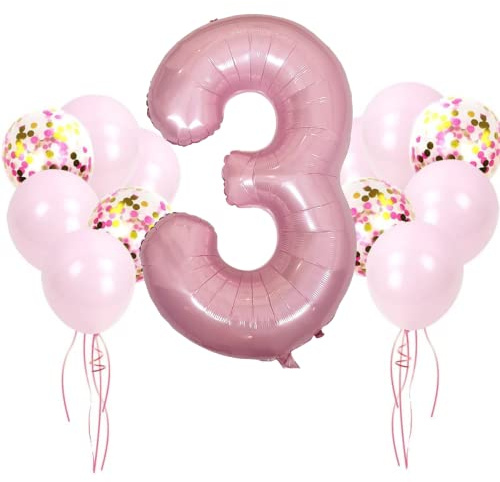 DIWULI Födelsedagsdekoration 3 år Ballongset Rosa - 3:e födelsedagsdekoration, Ballong 3 Födelsedag nummer 3 Nummer Ballong Folieballong Latexballongkonfetti Barnfödelsedagsflickor Festdekoration