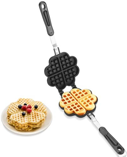 Nikou Mini Waffle Maker, Heart Shape Waffle Iron Stove Top Non Stick Baking Pan with Long Handle Mould Mold Press Plate Baking Tool for Kitchen, Cafes, Restaurant, Cake Shop