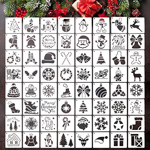 MWOOT 64 stycken julmallar stencils set, återanvändbar målning mall måla tillbehör, gör-det-själv julstencil för målning på vägg, kort hantverk, ramdekoration (7,6 x 7,6 cm)