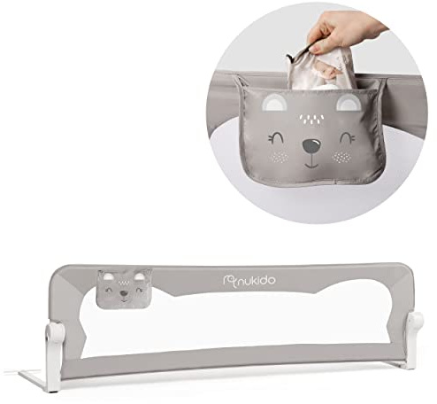 Nukido Sicherheitsbarriere Sicherheitsgitter für Bett Kinderbett Sicherheitsgeländer Schutzgeländer Süßes Design Muster Rahmen Metall Kunststoff 150 cm x 42 cm x 35 cm Farbe Grau