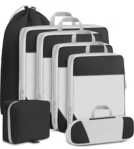 Lannvan Koffer Organizer Set 7 Teilige,Platzsparendes Packing Cubes Compression,Ultraleichte Packwürfel mit Kompression,Wasserfester Travel Organizer Packtaschen für Koffer,Rucksack und Gepäck,Schwarz