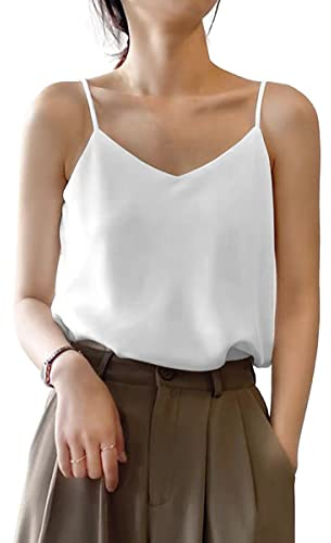 Donna Top con Spalline in Rayon Raso Camisole Elegante Canotta Cami Collo a V Liscia Leggera Comfort - Bianco Tinta Unita Taglia del Produttore XL
